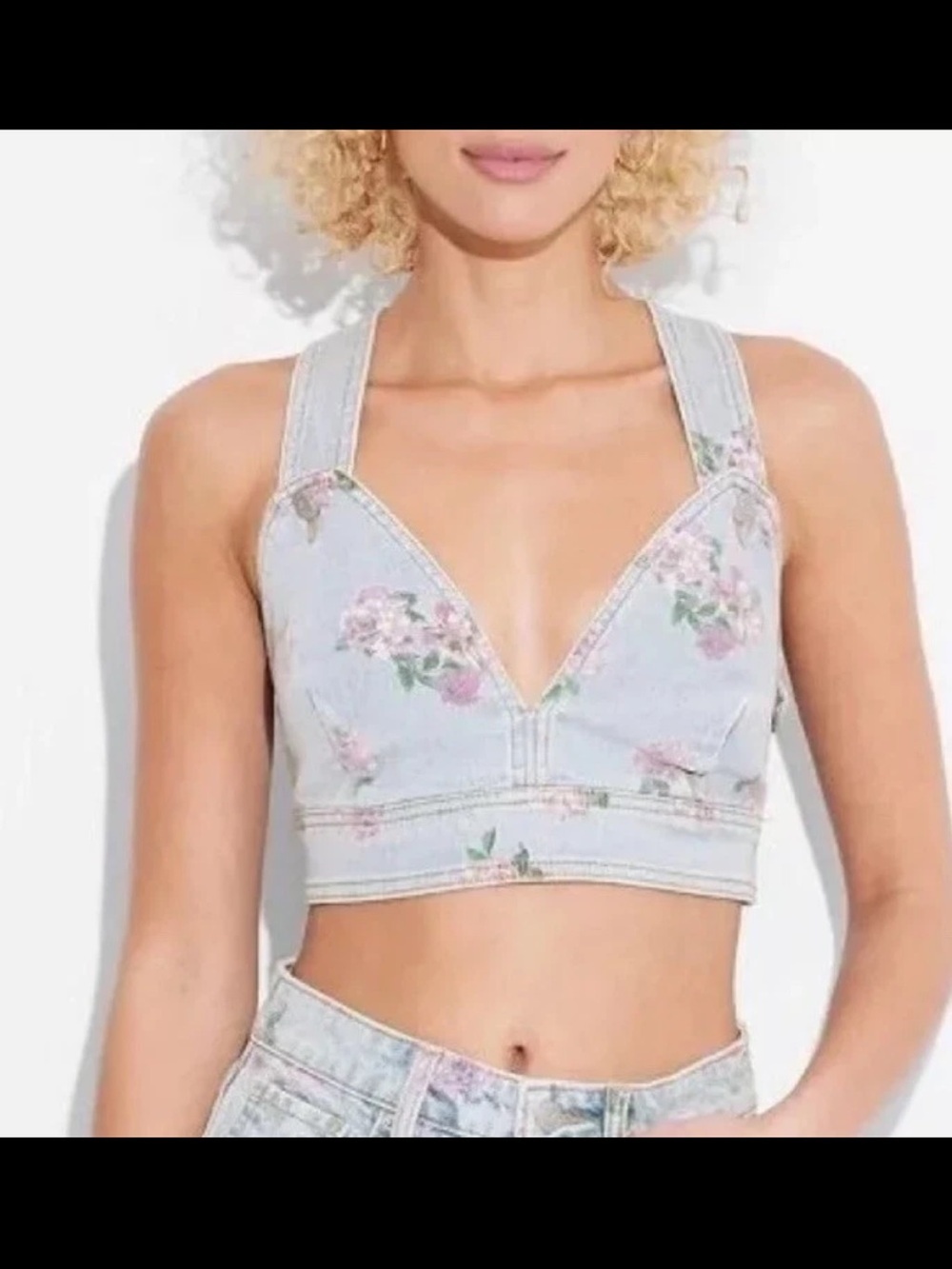 Wild Fable Cropped Denim Bralette Vest V-Neck-Light Wash Floral